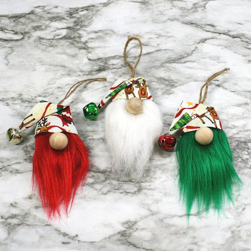 HAND CRAFTED Gnome Christmas Ornaments Set of 3 - White Christmas Mixed Print